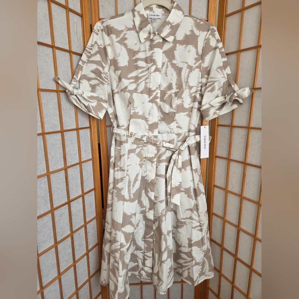 NWT CALVIN KLEIN COTTON SHORT SLEEVES BUTTONS DOWN FIT & FLARE BELTED DRESS 4